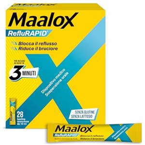 Maalox Reflurapid Blocca il Reflusso Gastroesofageo, Riduce Bruciore e Acidità di Stomaco, anche in Gravidanza - con Bicarbonato di Sodio, Senza Glutine, Senza Lattosio (28 Bustine Gusto Menta)