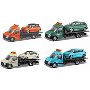 BBURAGO Carro Attrezzi con Auto Assortimento in Scala 1:43 - Contiene Vari Modelli come FORD FOCUS ST e FIAT 500