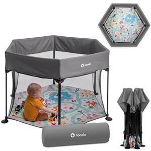 LIONELO Roel box bambini da 6 mesi fino a 15kg forma esagonale grandi dimensioni 135 x 118 x 83 cm Blocco di piegatura LockGuard, le pareti trasparenti, Gambe antiscivolo, Piegatura facile, Borsa
