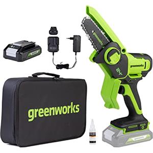 Greenworks 24V Mini motosega 10cm a batteria senza filo alimentata da una batteria da 2Ah, velocità della catena di 7,8 m/s, motosega elettrica per rami di alberi, cortile e uso domestico.