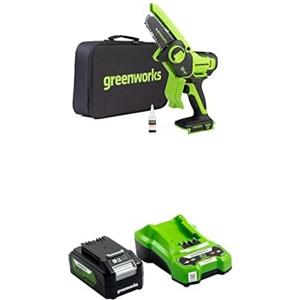 Greenworks 24V Mini motosega 10cm a batteria senza filo alimentata da una batteria da 4Ah, velocità della catena di 7,8 m/s, motosega elettrica per rami di alberi, cortile e uso domestico.