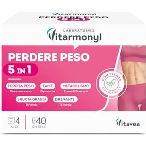 Vitarmonyl Perdere Peso 5 in 1 - Controllo della Linea - Brucia Grassi - Drenante Forte - Per il Metabolismo e Peso Forma - Con Glucomannano, Guaranà e Tè Verde - Confezione 40 Capsule - Vitarmonyl