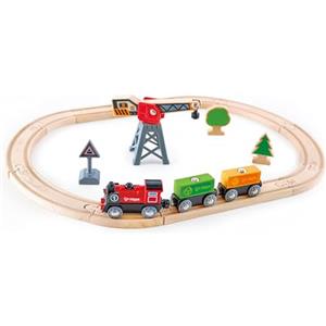 Hape Pista con trenino a batteria e gru - Include 10 binari in legno dritti e curvi per pista ad anello, Locomotiva n. 1 rossa e gru con magnete per bambini dai 3 anni