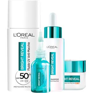 L'OREAL PARIS L'Oréal Paris Bright Reveal Kit Anti-Macchie con Crema Idratante SPF50 da 50ml + Fluido UV SPF50 da 50 ml + Peeling Esfoliante da 25 ml + Siero viso da 30ml - Set da 4