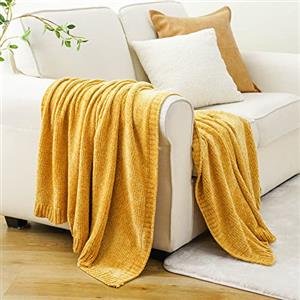 BATTILO HOME Coperta per divano, in ciniglia, lavorata a maglia, per divano, sedia, decorazione autunnale, 130 x 170 cm, colore: giallo senape