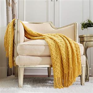 CREVENT Coperta decorativa lavorata a maglia per divano, sedia letto, morbida, calda, accogliente, leggera, per primavera estate (127 x 152 cm, giallo senape)
