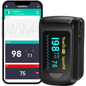 HealthTree Pulsossimetro da Dito, Monitor Bluetooth della Saturazione dell'Ossigeno nel Sangue, Monitor della Frequenza Cardiaca per Apple e Android, con Schermo OLED, 2 batterie AAA e Cordino