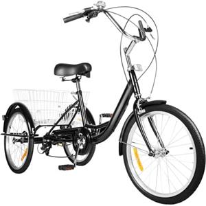 KumuJ Triciclo da 20 pollici per adulti, 3 ruote a 8 marce, bicicletta a 3 ruote con cestino per la spesa, bicicletta cargo per adulti, anziani e donne, regolabile in altezza (nero)