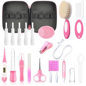 Qunlions life Kit per la cura del bambino e la cura del bambino, kit essenziale 21 in 1, portatile, con spazzola per capelli, pettine e aspiratore nasale, per neonati e ragazze (rosa)
