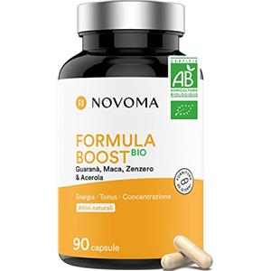 NOVOMA Formula Boost Bio, Integratore Alimentare contro Stress e Stanchezza Mentale, Con Guaranà, Acerola, Maca e Zenzero, Ricco di Caffeina e Vitamina C Bio, 90 Capsule Vegane, Prodotto in Francia