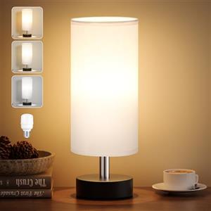 kakanuo Lampada da Comodino, 3 Modalità di Colore, Piccola Lampada da Tavolo con Paralume in Lino Bianco Base Nero, Abat Jour da Comodino con Filo per Camera da Letto Dormitorio Soggiorno Ufficio