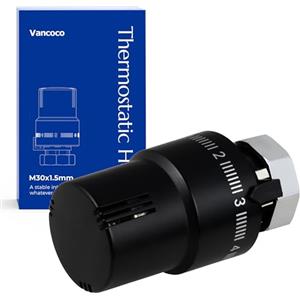 VANCOCO M30×1,5 mm Testa Termostatica per Termosifoni, Valvola Termostatica Radiatore, Nero, con Sensore Liquido e Funzione Antigelo