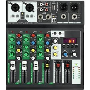 JINPRDAMZ Mini mixer audio a 4 canali, console di miscelazione con USB Bluetooth e 48 V Phantom Power per Recording DJ Karaoke Stage, Home KTV, studi di registrazione, streaming live