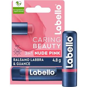 Labello Caring Beauty Lip & Cheek Nude Pink 4.8 g, Burrocacao labbra e guance con una nota di colore rosato, Balsamo labbra colorato e blush stick 2 in 1, Lip balm idratante con protezione SPF 30