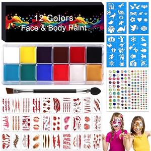 Lets Joy Trucco Viso Bambini, Body Painting, Face Body Paint, Truccabimbi Kit, 12 Colori Pittura Facciale con 1 Pennelli, 4 Stampini, 30 Halloween Tatuaggi Temporanei, 1 Adesivi diamantati
