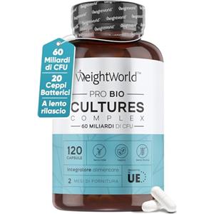 WeightWorld Fermenti Lattici Probiotici Vegani, 120 Capsule Fermenti Lattici Adulti, 2 Mesi, 60 Miliardi di CFU, Lactobacillus Gasseri e Bifidobacterium Longum, Probiotici e Prebiotici, FOS, Flora Intestinale