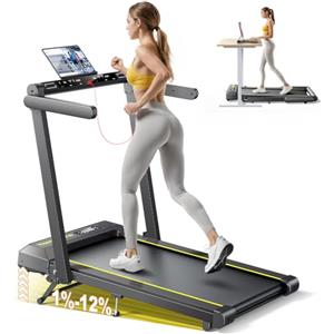 Toputure Tapis Roulant Elettrico Pieghevole 1-16km/h, 4 in 1 Tapis Roulant con 12% Pendenza, Salvaspazio per Casa e Ufficio, Doppio Display LED, Cardiofrequenzimetro, 12 Programmi, APP e Telecomando