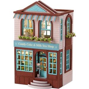 CUTEROOM Casa in miniatura, set per casa delle bambole fai da te, in legno, mini set da costruzione con mobili e luce LED, regalo di compleanno per donne e ragazze (Candy Cake)