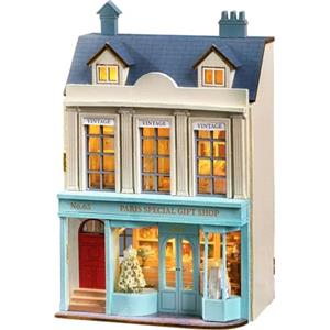 CUTEROOM Casa in miniatura, set per casa delle bambole fai da te, in legno, mini set da costruzione con mobili e luce LED, regalo di compleanno per donne e ragazze (Gift Shop)