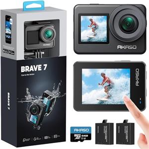 AKASO Brave 7 Action Cam 4K 30FPS 20MP con Scheda di Memoria MicroSDXC U3 da 256GB, IPX8 Fotocamera Subacquea Stabilizzata, Impermeabile Videocamera con Comando Vocale