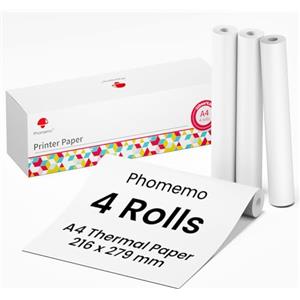 Phomemo Risma Carta A4 per M832/M831/M833/M834/M835 Stampante Portatile Termica, Fogli 210mm*6.5m per Bluetooth Senza Inchiostro, 4 Roulades