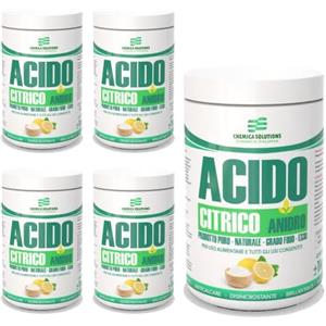 CHEMICA SOLUTIONS Acido Citrico ANIDRO 100% E330 Naturale Multifunzione, Detersivo pavimenti, Pulizia Calcare lavatrice,Brillantante Decalcificante,Alimentare Confezione da 5 Barattoli da 1 Kg