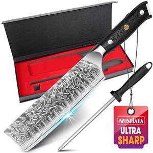 MOSFiATA Coltello Damascato Coltello da Cucina Nakiri con Manico G10 e Acciaino Affilacoltelli, 16,5cm