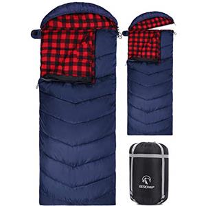 REDCAMP Sacco a pelo in flanella per adulti, grande, comodo, in cotone, per campeggio, con cappuccio rimovibile, motivo scozzese rosso con imbottitura da 1,8 kg (231 x 83,8 cm)