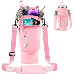 Huahuanghui Borsa porta bottiglie d'acqua per bicchiere,borse a tracolla con porta bottiglia d'acqua,porta borraccia tracolla,con cinghia regolabile con copertura per cannuccia e moschettone (rosa)