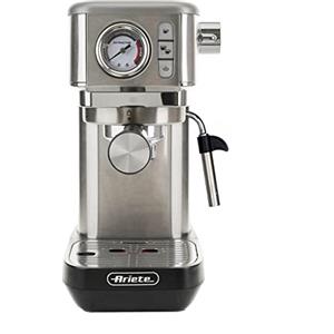 Ariete Espresso Slim Metal 1381, Macchina da Caffè con Manometro, Compatibile con Caffè in Polvere e Cialde ESE, 15 Bar Massime, Filtro 1 o 2 Tazze, Lancia per Cappuccino, 1300W, Silver
