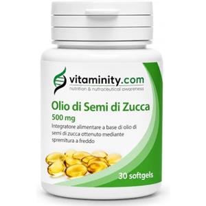 Vitaminity olio di semi di zucca 500 mg 30 Softgel, Integratore anticaduta capelli donna e uomo, supporta in benessere del prostata ricco di fitosteroli - Made in Italy