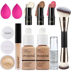 Hilareco PHOERA Fondotinta coprente completo, set trucco PHOERA,correttore,con cipria, primer,3 Pezzi Contouring Viso Stick Con pennello (104+105+Light-Medium Contour/Buff Beige+Sand+#02,#10,#12)