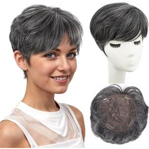 PORSMEER Topper per capelli Clip Frangia,nero mix argentato da donna, Corti Lisci Posticci, Pixie Cut parrucche, per capelli sottili, clip in wiglet con frangia per aggiungere capelli volume