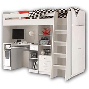 Stella Trading Unit Moderno Letto a soppalco con scrivania e Armadio, Legno, Bianco, 95 x 160 x 204 cm