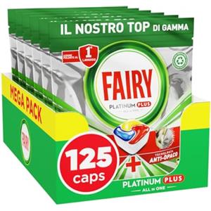 Fairy Platinum Detersivo Pastiglie Lavastoviglie Plus, Brillantante, 125 Capsule Lavastoviglie, Limone, Tecnologia Anti-Opaco, Contro Il Grasso e le Incrostazioni Ostinate Anche Nei Cicli Brevi