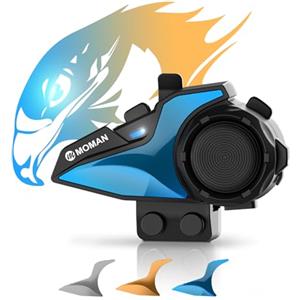 Moman Interfono Moto, H2E Aquila Auricolare Casco Singolo con Doppio Chip per Multitasking Audio Cuffie per Caschi Distanza 1Km Sistema di Comunicazione HiFi/Condivisione Musica/FM/Voce AI Interphone