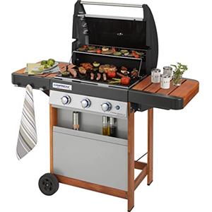 Campingaz Gas BBQ serie 3 Woody LX, barbecue a gas in acciaio inox a 3 fuochi, carrello per barbecue in legno e tavolini laterali, grill a gas con griglia e piastra in ghisa, plancha, grill da giardino, facile pulizia del barbecue