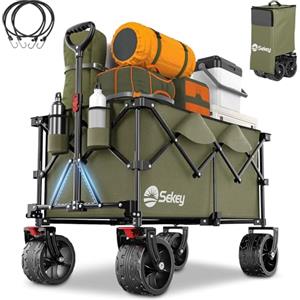 Sekey XXL Plus Carrello Spiaggia con Freni 200L 150KG, Carrello Pieghevole Ruote Grandi Extra 17x10 cm Tutti i Terreni, Brevettato Pieghevole da QUATTRO Direzioni SE4011, Verde Oliva