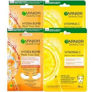 Garnier SkinActive Hydra Bomb Maschera Occhi contro Occhiaie con Succo d'Arancia e Acido Ialuronico Effetto Ghiaccio 4 Patch + Vitamina C Maschera Viso in Tessuto Idratante Illuminante 2 Maschere