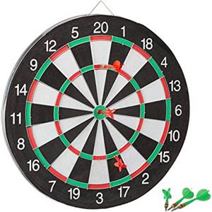 Relaxdays Bersaglio con Freccette, Tabellone Double Face, Diametro 43 cm, 6 Darts, Gioco Classico Dartboard, Nero Bianco