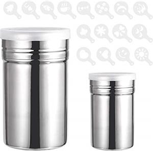 INHEMING Spargi Cacao in Polvere, 2 Pezzi Spargi zucchero a velo in Acciaio Inox con Coperchio,con 16 Stampino Cappuccino