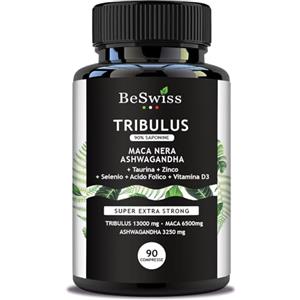 BeSwiss Tribulus + Maca + Ashwagandha 22000mg | Altissimo Dosaggio + Taurina, Zinco, Selenio, Acido Folico e Vitamina D3 | Massa Muscolare | Energizzante | BeSwiss