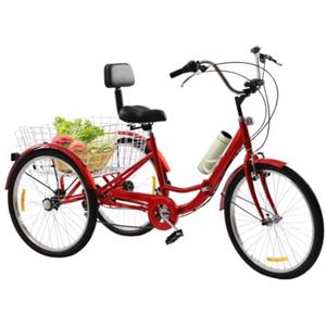 awolsrgiop - Triciclo per adulti da 24" (60 cm), pieghevole, 3 ruote, 7 marce, cruise bike, con luce a LED, con cestino e porta-borraccia (rosso)