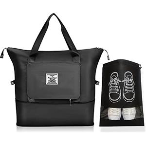 PINC® Borsone da Viaggio Pieghevole, Borsone Palestra, Borsa Sportiva Tote Gym, Borsa a Mare impermeabile, Borsone Grande Capacità per uomo e donna (Nero) + Sacchetto Portascarpe (Nero)