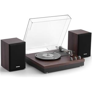 Retrospiler Giradischi 3 vel., 2 altoparlanti esterni 15 W, Bluetooth, AUX, USB, LP-MP3, lettore vinile vintage, legno marrone