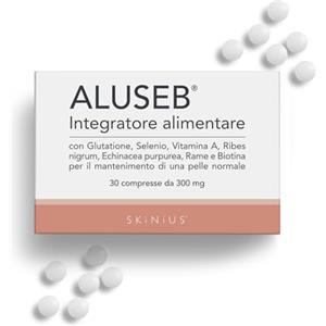 SKINIUS Aluseb - Integratore Alimentare a Base di Glutatione, Selenio, Vitamina A, Ribes Nigrum, Echinacea Purpurea, Rame e Biotina per il Mantenimento di una Pelle Normale - 30 compresse da 300mg