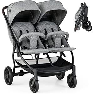 RELAX4LIFE Passeggino Gemellare Pieghevole in 1 Passo con Schienale 115°/145°/175° e Tettoie a 5 Livelli, Poggiapiedi Regolabile, Ruote 360°, Freno,Cintura a 5 Punti, 15+15KG (GRIGIO)