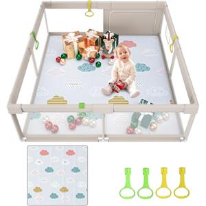 UANLAUO Box per Bambini con tappeto gattonamento 150x150cm, XXL Recinto per Bambini con 4 Pezzi Anelli,area di attività sicura al coperto per bambini con cancello a cerniera