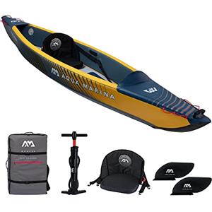 Aqua Marina Tomahawk, AIR-K - Kayak gonfiabile ad alta pressione, per 1 persona, lunghezza 375 cm, colore: blu marino/giallo