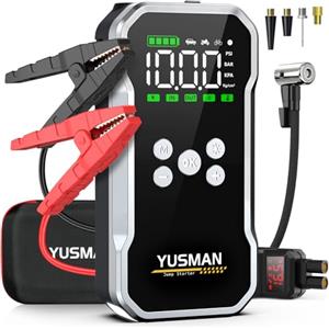 YUSMAN Avviatore Batteria Auto - 5000A, Booster Avviatore Auto con Compressore 150PSI (per 12V 10.0L GAS e 8.0L DIESEL), Jump Starter 5V/3A, Avviatore Emergenza Auto USB, LED,Starter Batteria Auto LCD